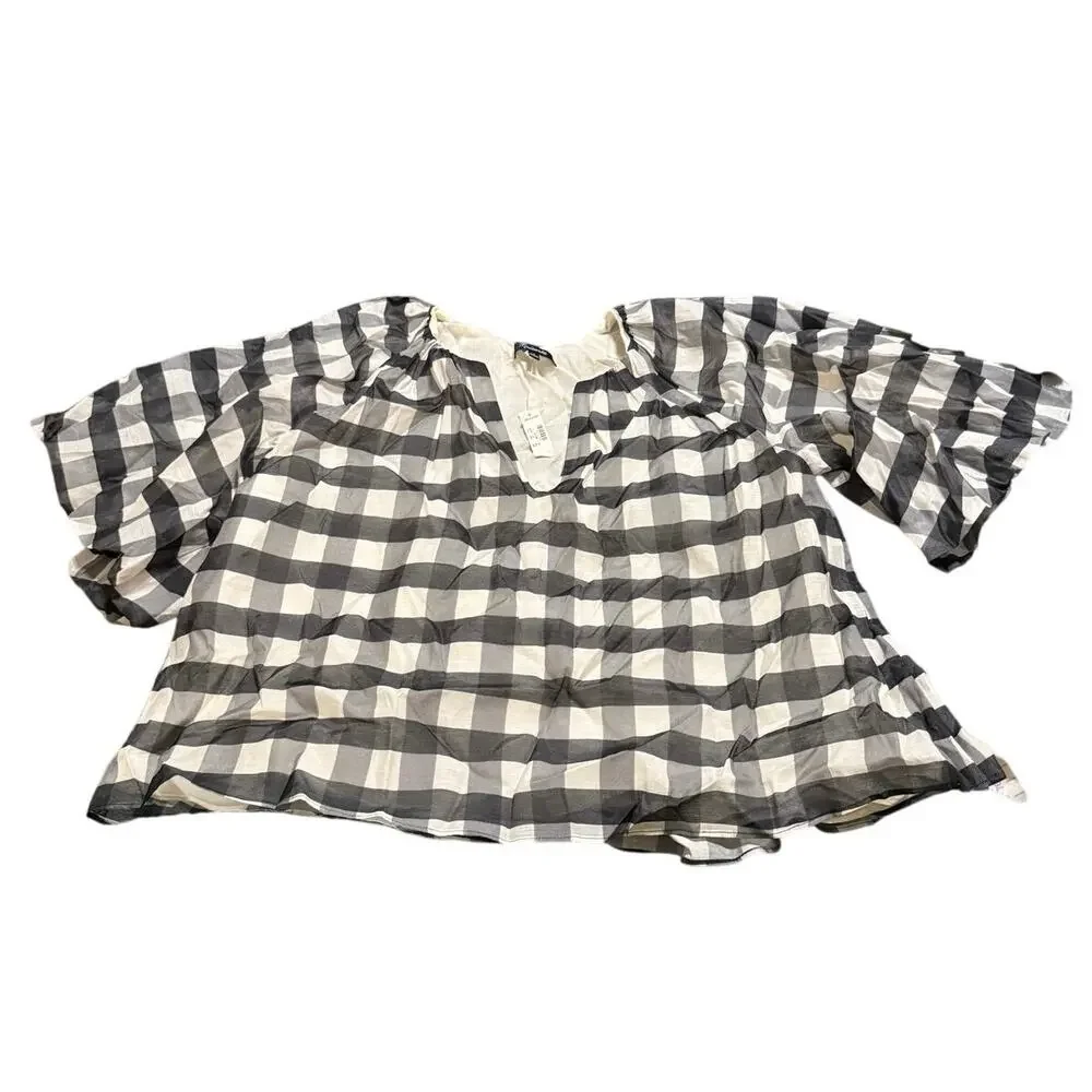 NWT Madewell Bubble-Sleeve Top True‎ Black Gingham Plaid Short Sleeve Size 2